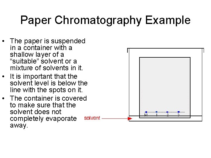 Paper Chromatography Example • The paper is suspended in a container with a shallow