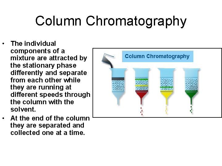 Column Chromatography • The individual components of a mixture attracted by the stationary phase