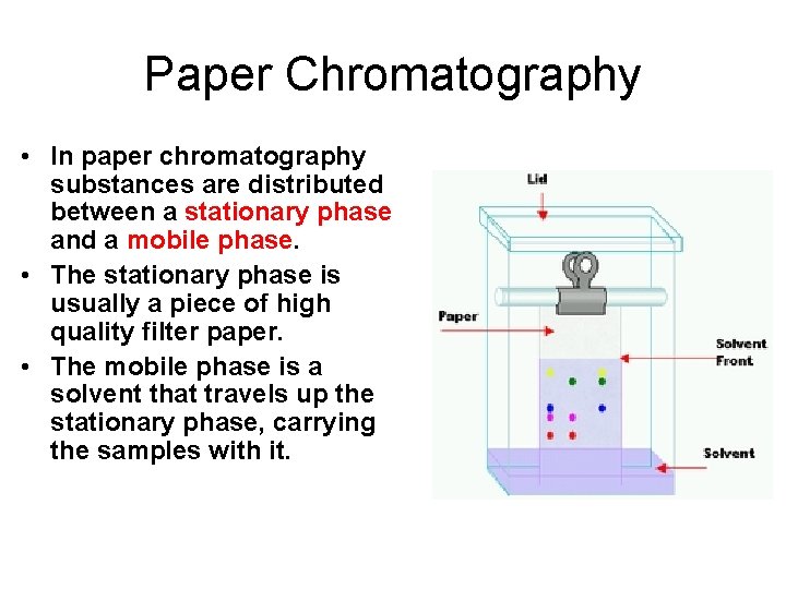 Paper Chromatography • In paper chromatography substances are distributed between a stationary phase and