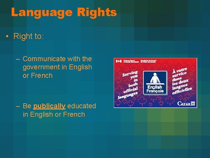 Language Rights • Right to: – Communicate with the government in English or French