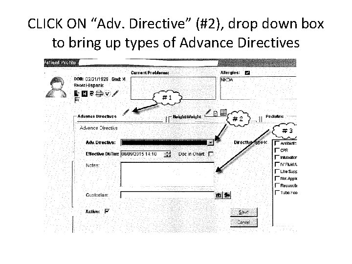 CLICK ON “Adv. Directive” (#2), drop down box to bring up types of Advance