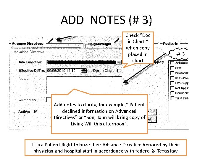 ADD NOTES (# 3) Check “Doc in Chart “ when copy placed in chart