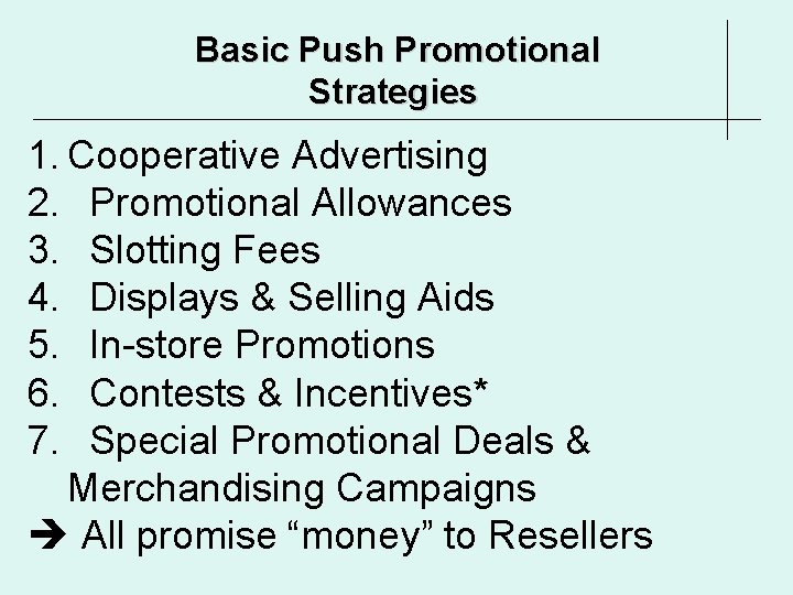 Basic Push Promotional Strategies 1. Cooperative Advertising 2. Promotional Allowances 3. Slotting Fees 4. Basic Push Promotional Strategies 1. Cooperative Advertising 2. Promotional Allowances 3. Slotting Fees 4.