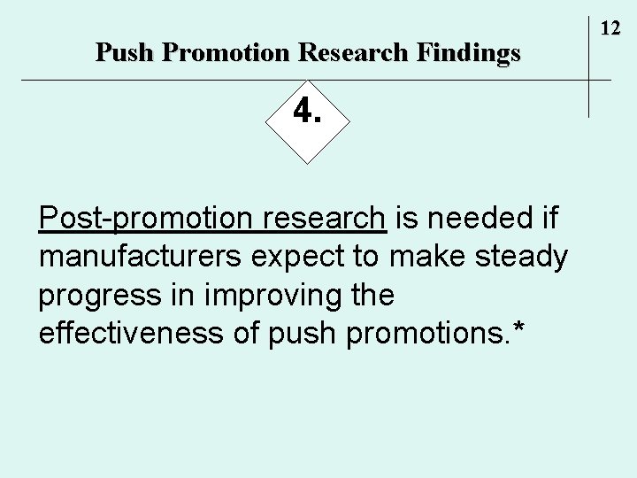 Push Promotion Research Findings 4. Post-promotion research is needed if manufacturers expect to make Push Promotion Research Findings 4. Post-promotion research is needed if manufacturers expect to make
