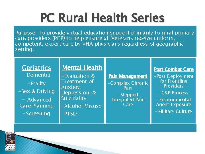 PC Rural Health Series Purpose: To provide virtual education support primarily to rural primary