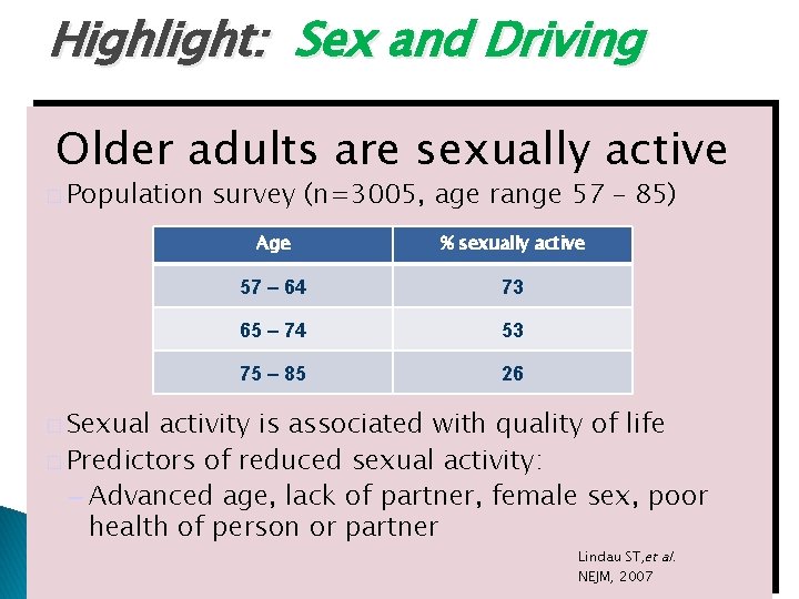 Highlight: Sex and Driving Older adults are sexually active � Population survey (n=3005, age