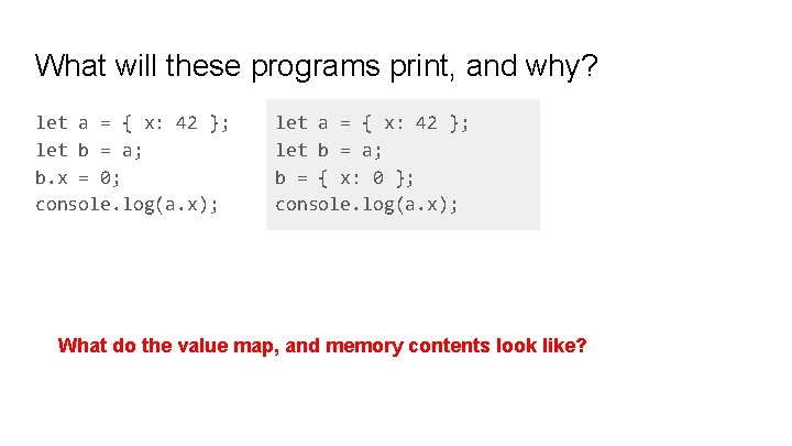 What will these programs print, and why? let a = { x: 42 }; What will these programs print, and why? let a = { x: 42 };