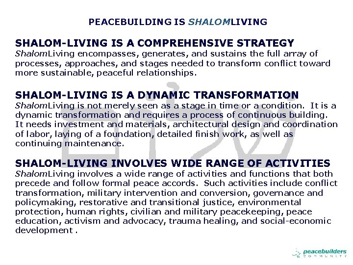 PEACEBUILDING IS SHALOMLIVING SHALOM-LIVING IS A COMPREHENSIVE STRATEGY Shalom. Living encompasses, generates, and sustains