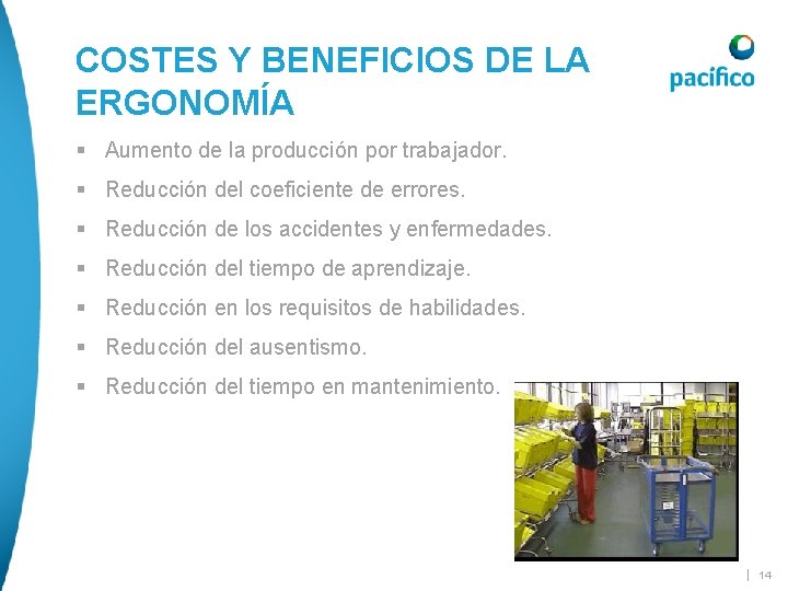 COSTES Y BENEFICIOS DE LA ERGONOMÍA § Aumento de la producción por trabajador. § COSTES Y BENEFICIOS DE LA ERGONOMÍA § Aumento de la producción por trabajador. §