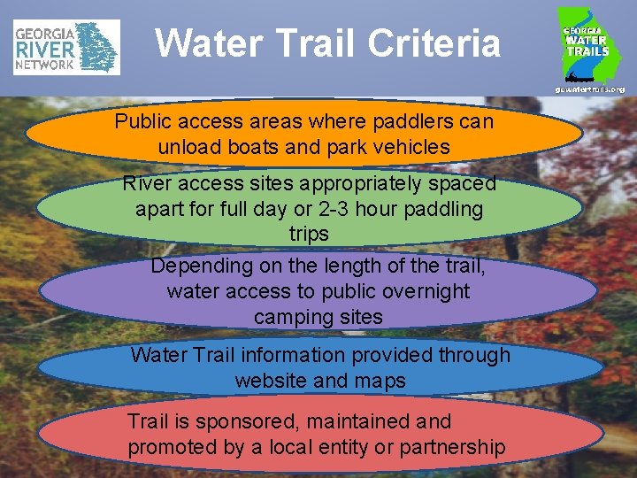 Water Trail Criteria Public access areas where paddlers can unload boats and park vehicles
