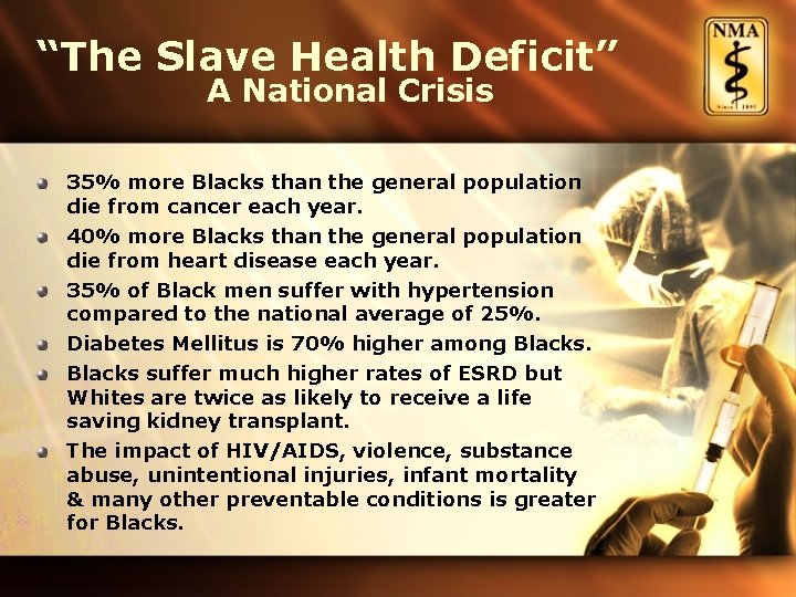 “The Slave Health Deficit” A National Crisis 35% more Blacks than the general population