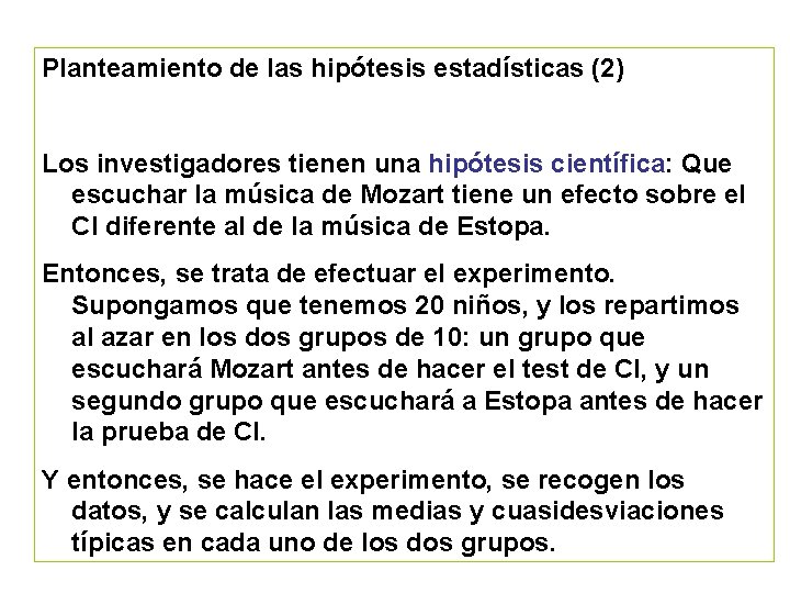 Planteamiento de las hipótesis estadísticas (2) Los investigadores tienen una hipótesis científica: Que escuchar