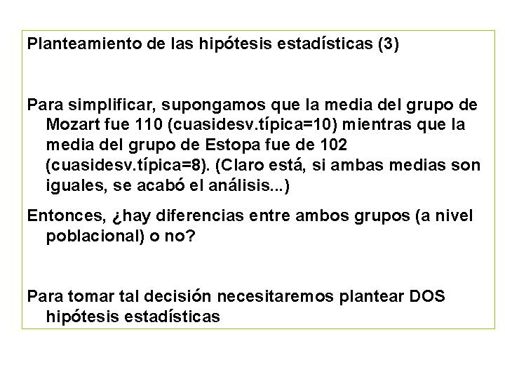 Planteamiento de las hipótesis estadísticas (3) Para simplificar, supongamos que la media del grupo