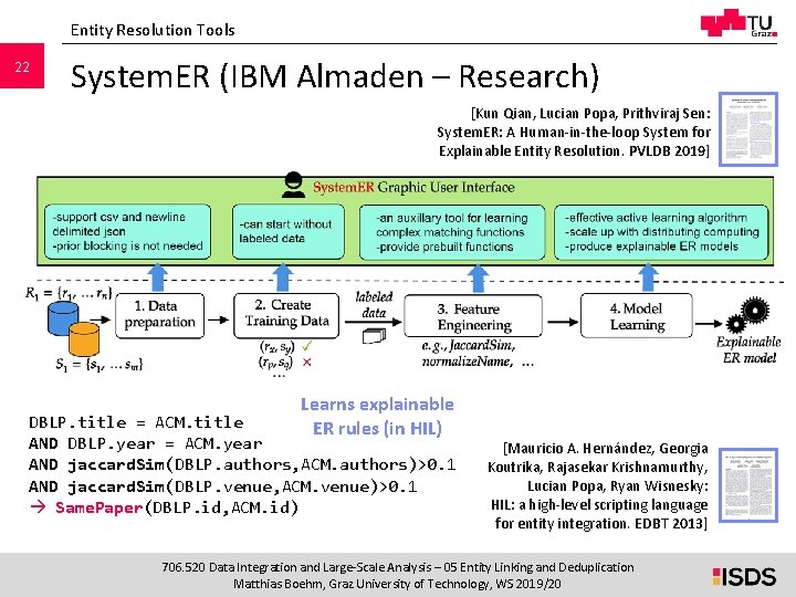 Entity Resolution Tools 22 System. ER (IBM Almaden – Research) [Kun Qian, Lucian Popa, Entity Resolution Tools 22 System. ER (IBM Almaden – Research) [Kun Qian, Lucian Popa,