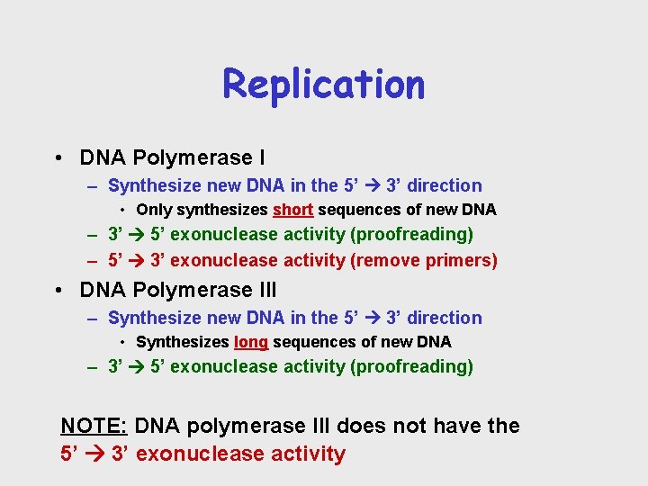 Replication • DNA Polymerase I – Synthesize new DNA in the 5’ 3’ direction