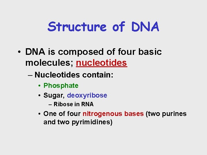 Structure of DNA • DNA is composed of four basic molecules; nucleotides – Nucleotides