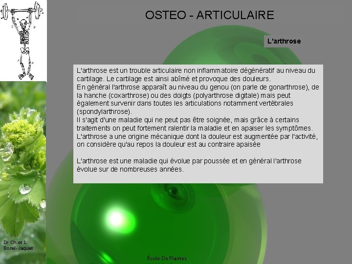 OSTEO - ARTICULAIRE L'arthrose est un trouble articulaire non inflammatoire dégénératif au niveau du