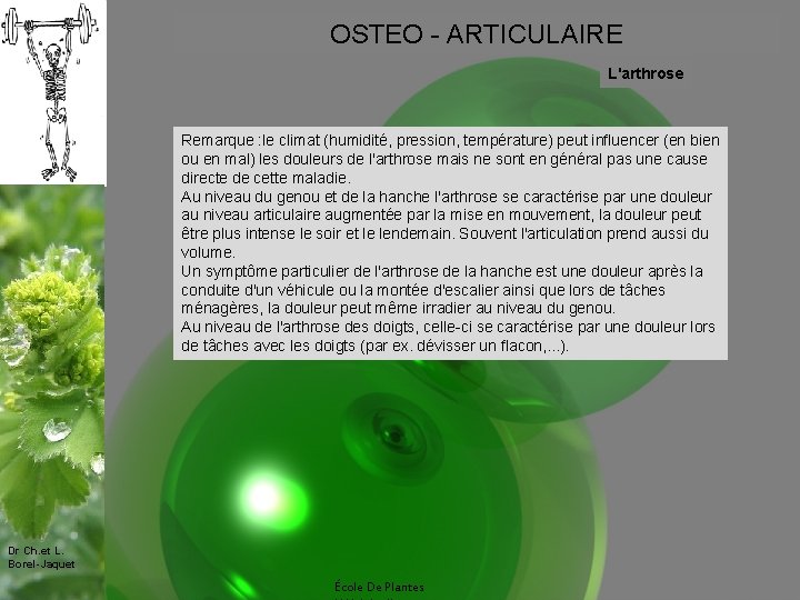 OSTEO - ARTICULAIRE L'arthrose Remarque : le climat (humidité, pression, température) peut influencer (en