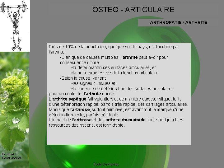 OSTEO - ARTICULAIRE ARTHROPATIE / ARTHRITE Près de 10% de la population, quelque soit