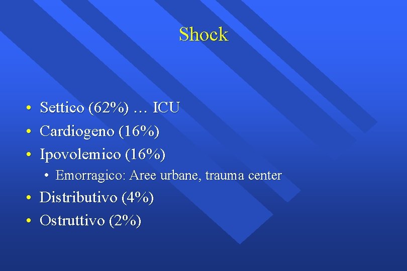 Shock • Settico (62%) … ICU • Cardiogeno (16%) • Ipovolemico (16%) • Emorragico: