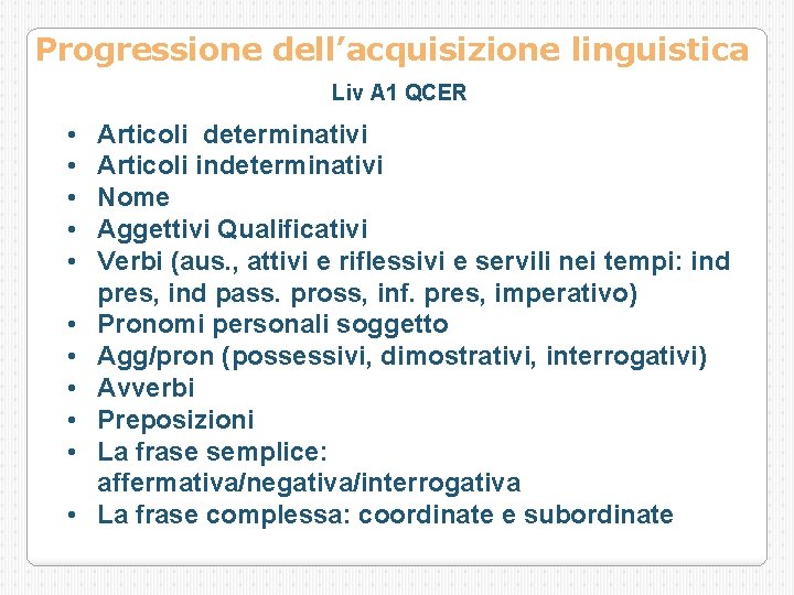 Progressione dell’acquisizione linguistica Liv A 1 QCER • • • Articoli determinativi Articoli indeterminativi