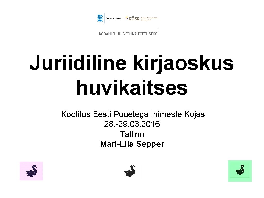 Juriidiline kirjaoskus huvikaitses Koolitus Eesti Puuetega Inimeste Kojas 28. -29. 03. 2016 Tallinn Mari-Liis