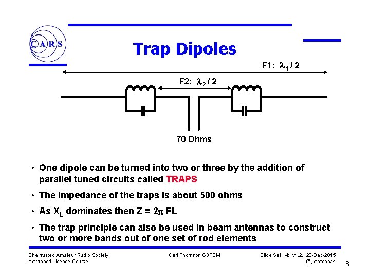 Trap Dipoles F 1: 1 / 2 F 2: 2 / 2 70 Ohms