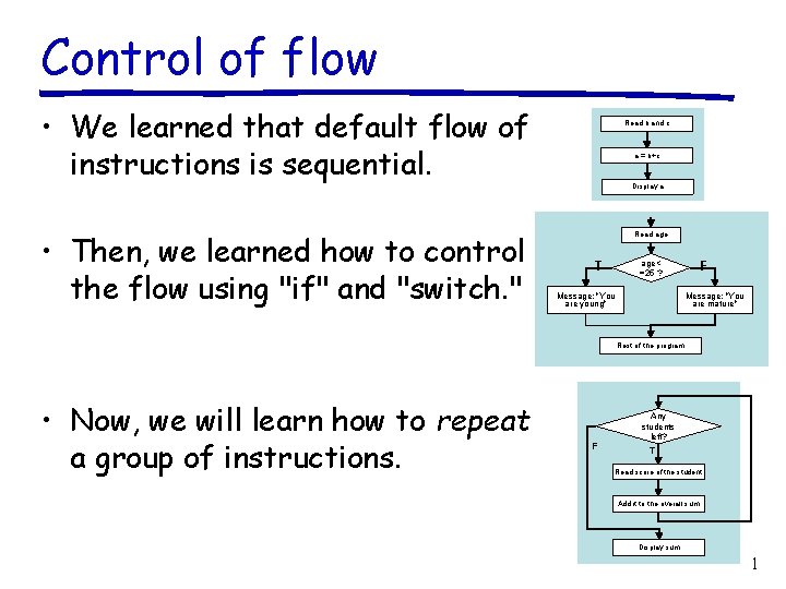 Control of flow • We learned that default flow of instructions is sequential. •
