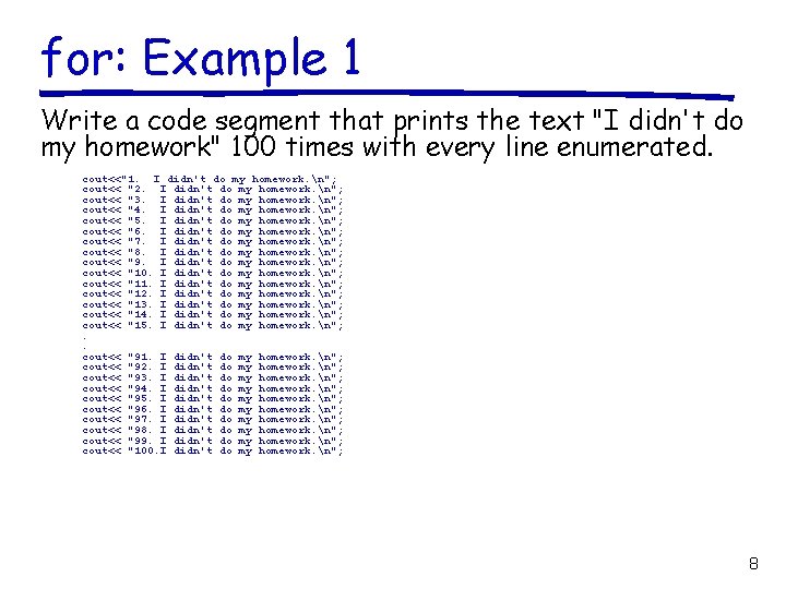 for: Example 1 Write a code segment that prints the text "I didn't do
