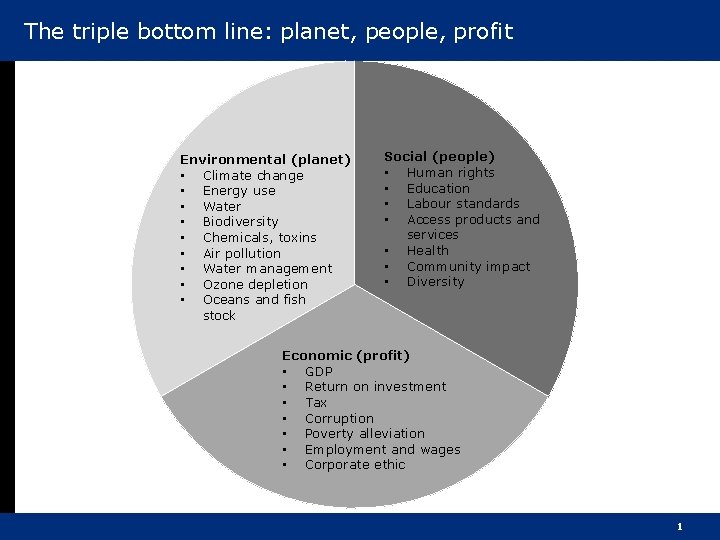 The triple bottom line: planet, people, profit Environmental (planet) • Climate change • Energy