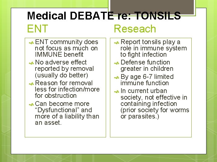 Medical DEBATE re: TONSILS ENT Reseach ENT community does not focus as much on