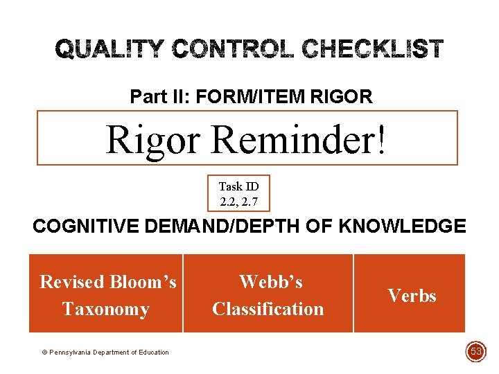 Part II: FORM/ITEM RIGOR Rigor Reminder! Task ID 2. 2, 2. 7 COGNITIVE DEMAND/DEPTH