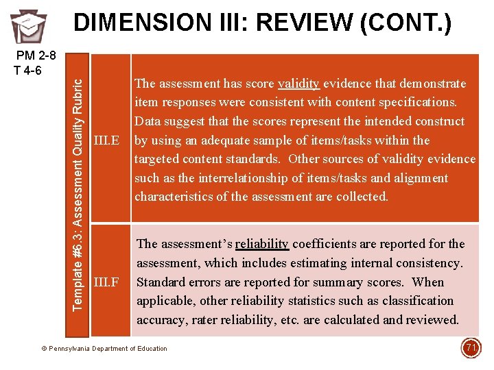 DIMENSION III: REVIEW (CONT. ) Template #6. 3: Assessment Quality Rubric PM 2 -8