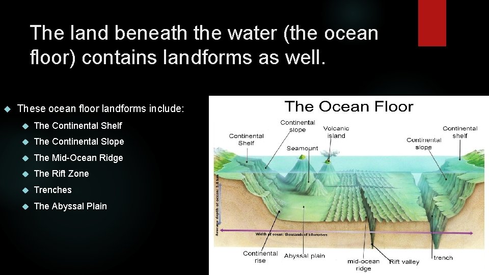 The land beneath the water (the ocean floor) contains landforms as well. These ocean