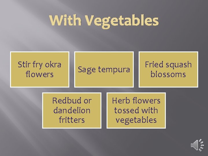 With Vegetables Stir fry okra flowers Sage tempura Redbud or dandelion fritters Fried squash