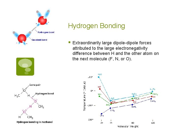 Hydrogen Bonding § Extraordinarily large dipole-dipole forces attributed to the large electronegativity difference between