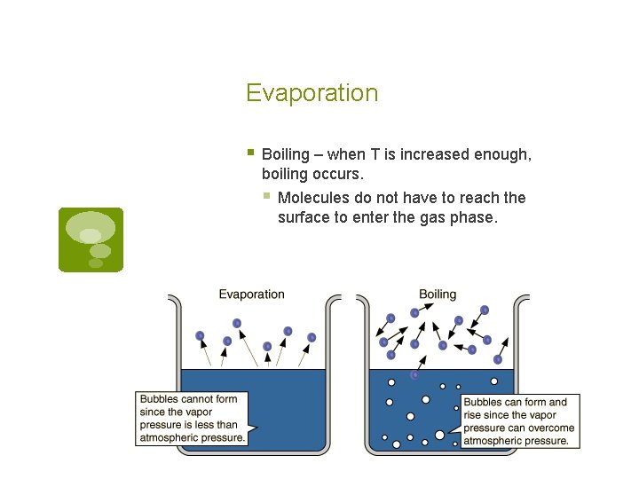 Evaporation § Boiling – when T is increased enough, boiling occurs. § Molecules do