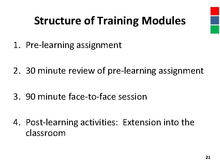 Structure of Training Modules 1. Pre-learning assignment 2. 30 minute review of pre-learning assignment