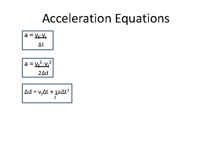 Acceleration Equations a = vf-vi ∆t a = vf 2 -vi 2 2∆d ∆d