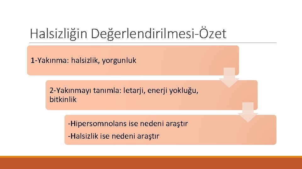 Halsizliğin Değerlendirilmesi-Özet 1 -Yakınma: halsizlik, yorgunluk 2 -Yakınmayı tanımla: letarji, enerji yokluğu, bitkinlik -Hipersomnolans