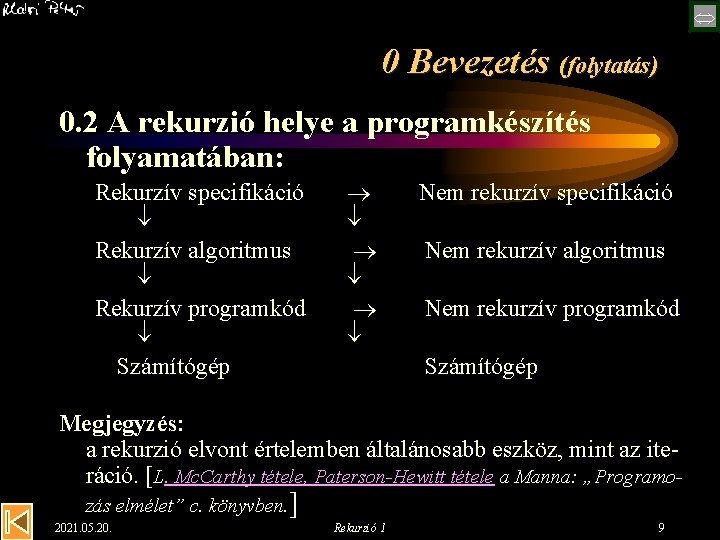  0 Bevezetés (folytatás) 0. 2 A rekurzió helye a programkészítés folyamatában: Rekurzív specifikáció