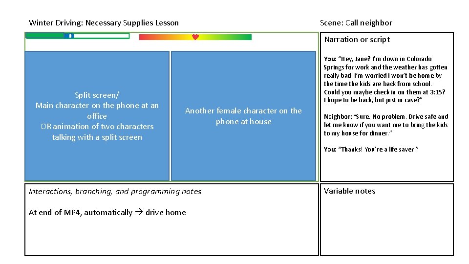 Winter Driving: Necessary Supplies Lesson Scene: Call neighbor Narration or script Split screen/ Main Winter Driving: Necessary Supplies Lesson Scene: Call neighbor Narration or script Split screen/ Main