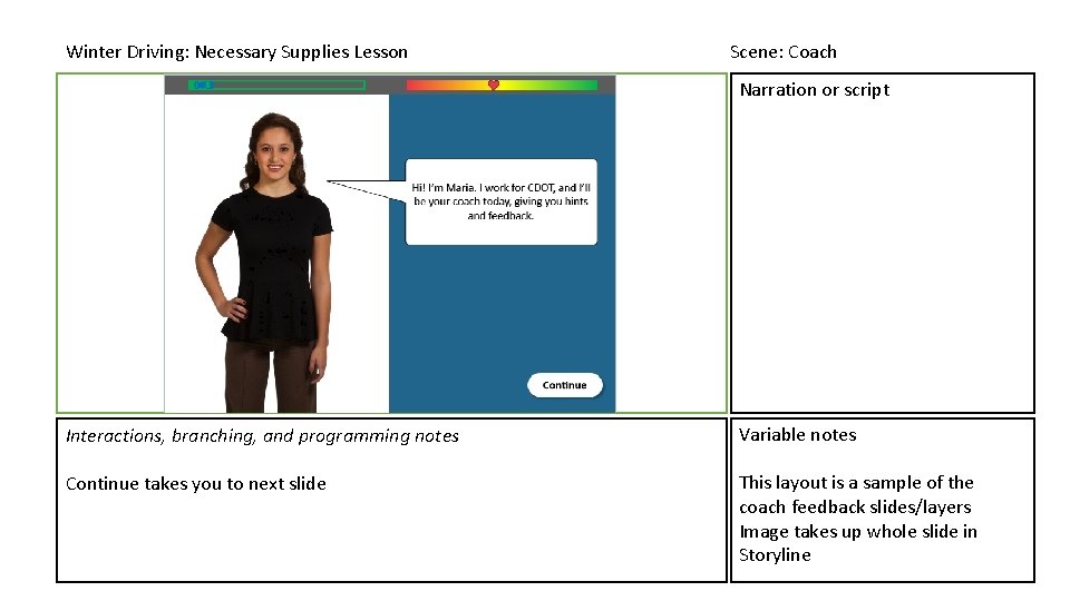 Winter Driving: Necessary Supplies Lesson Scene: Coach Narration or script Interactions, branching, and programming Winter Driving: Necessary Supplies Lesson Scene: Coach Narration or script Interactions, branching, and programming