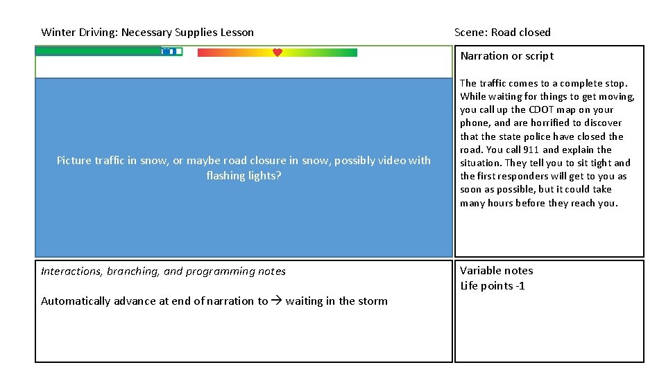 Winter Driving: Necessary Supplies Lesson Scene: Road closed Narration or script Picture traffic in Winter Driving: Necessary Supplies Lesson Scene: Road closed Narration or script Picture traffic in