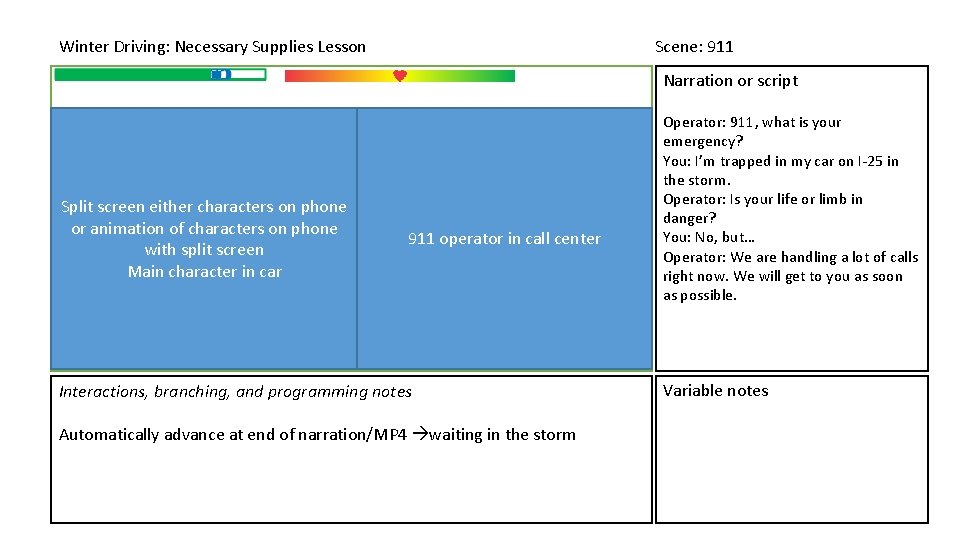 Winter Driving: Necessary Supplies Lesson Scene: 911 Narration or script Split screen either characters Winter Driving: Necessary Supplies Lesson Scene: 911 Narration or script Split screen either characters