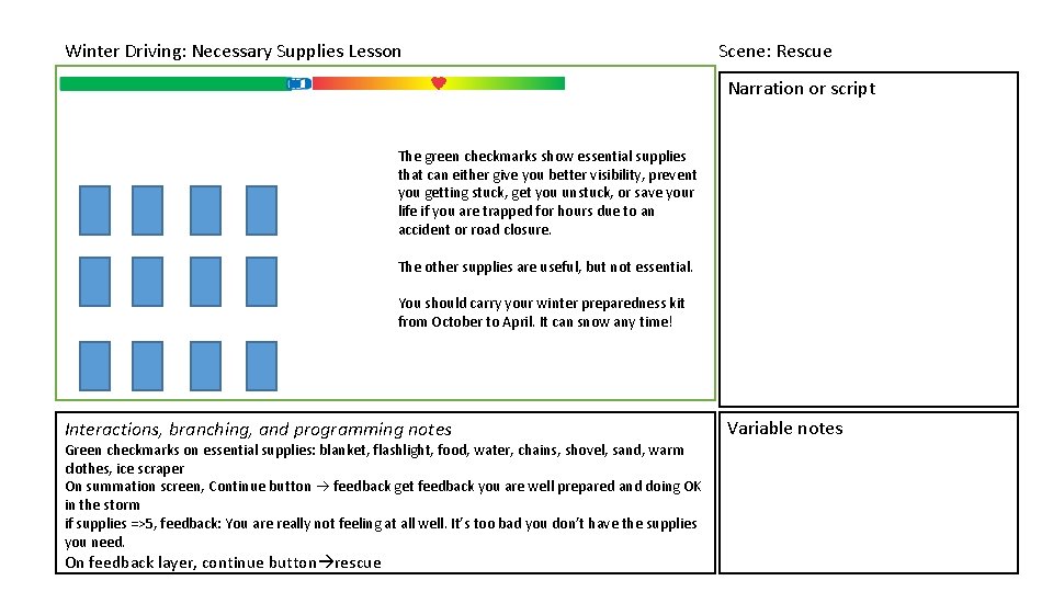 Winter Driving: Necessary Supplies Lesson Scene: Rescue Narration or script The green checkmarks show Winter Driving: Necessary Supplies Lesson Scene: Rescue Narration or script The green checkmarks show