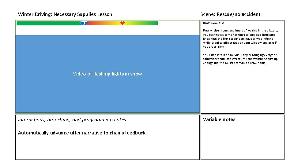 Winter Driving: Necessary Supplies Lesson Scene: Rescue/no accident Narration or script Finally, after hours Winter Driving: Necessary Supplies Lesson Scene: Rescue/no accident Narration or script Finally, after hours