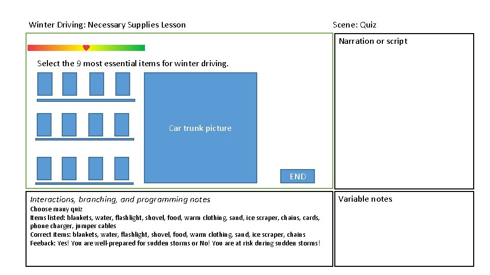 Winter Driving: Necessary Supplies Lesson Scene: Quiz Narration or script Select the 9 most Winter Driving: Necessary Supplies Lesson Scene: Quiz Narration or script Select the 9 most