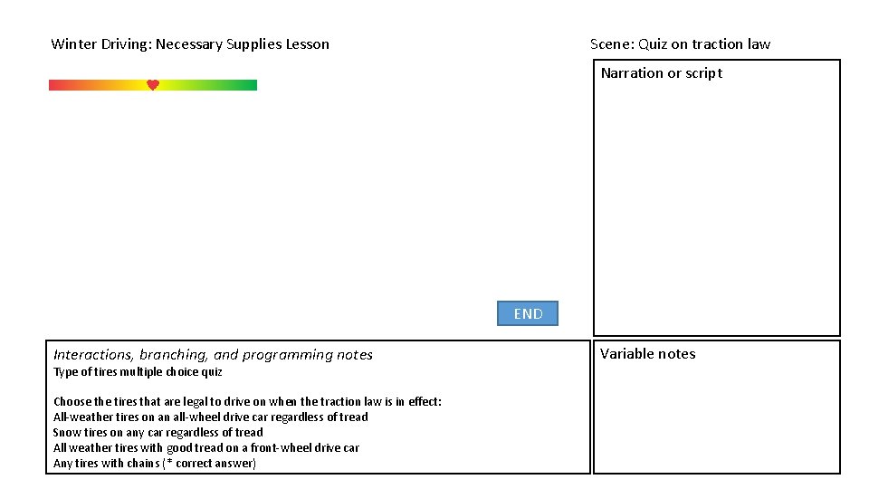 Winter Driving: Necessary Supplies Lesson Scene: Quiz on traction law Narration or script END Winter Driving: Necessary Supplies Lesson Scene: Quiz on traction law Narration or script END