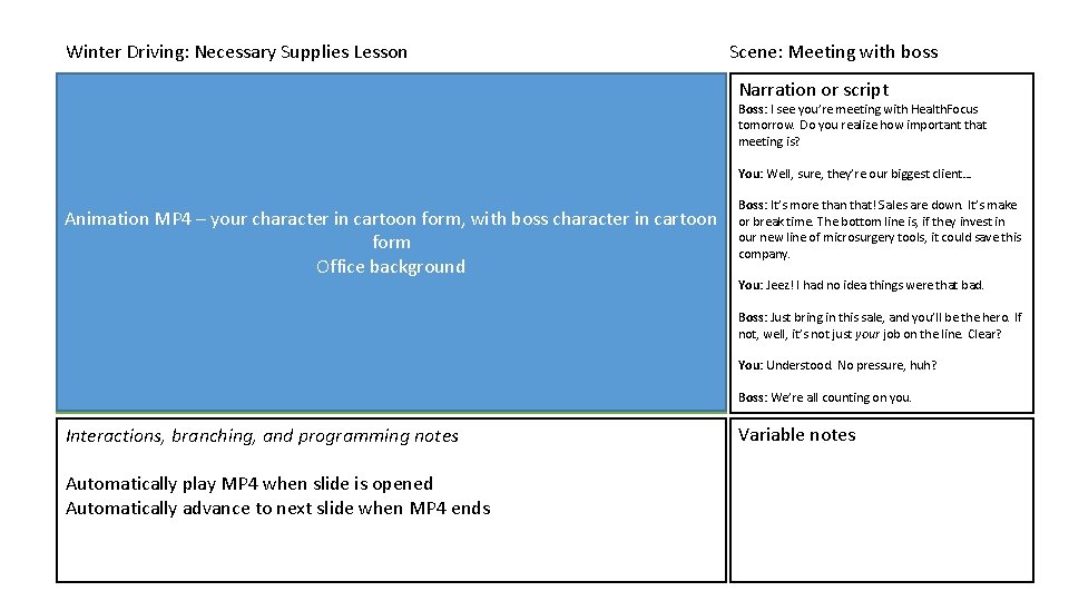 Winter Driving: Necessary Supplies Lesson Scene: Meeting with boss Narration or script Boss: I Winter Driving: Necessary Supplies Lesson Scene: Meeting with boss Narration or script Boss: I